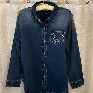 True Religion Dark Blue Denim Shirt with Studded Rhinestone Pocket